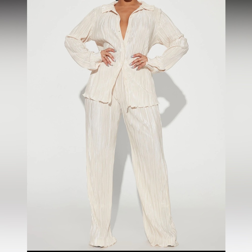 two piece cream pants and shirt